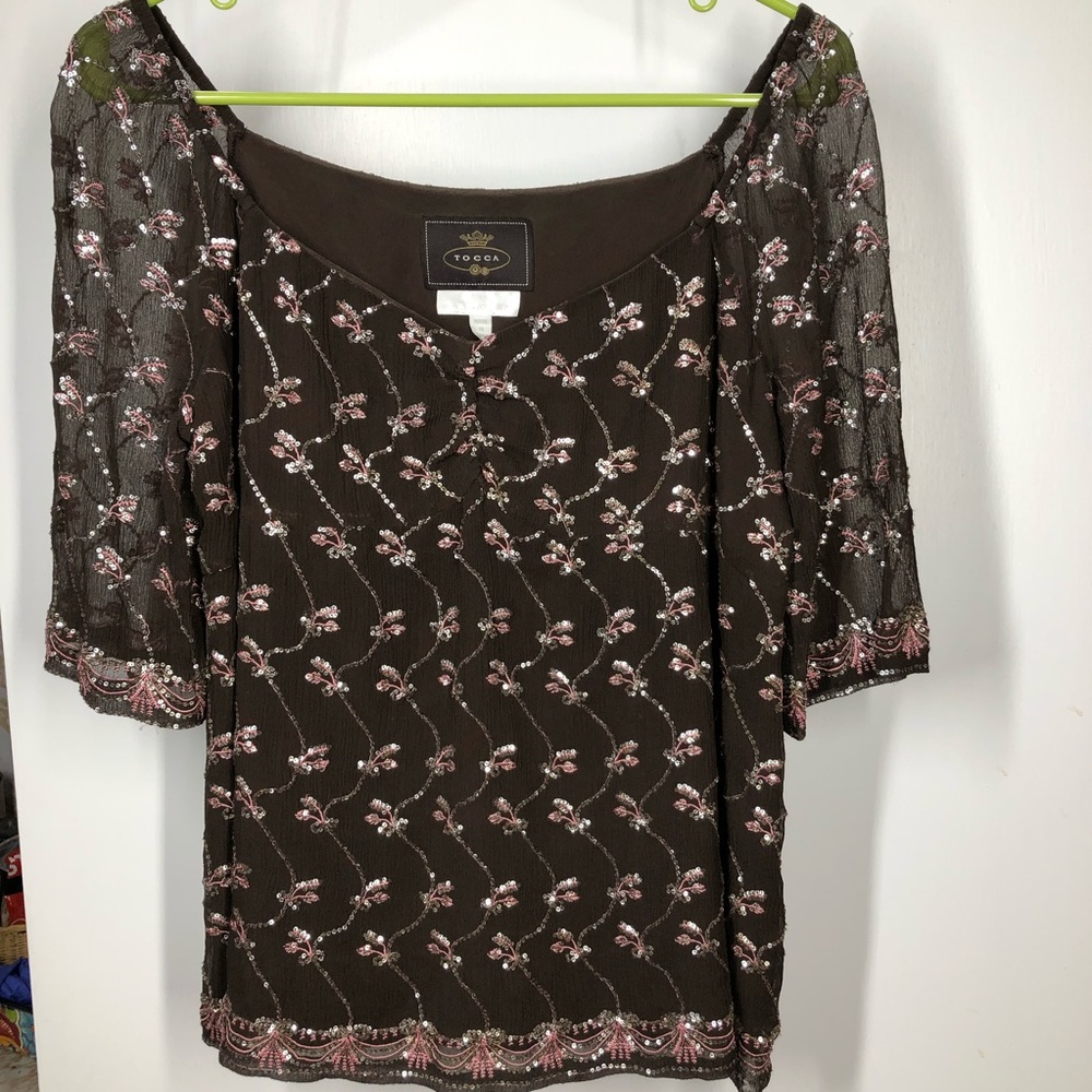Tocca Silk Top Sequined Sheer On Or Off The Shoulder Solid Lining Brown Medium